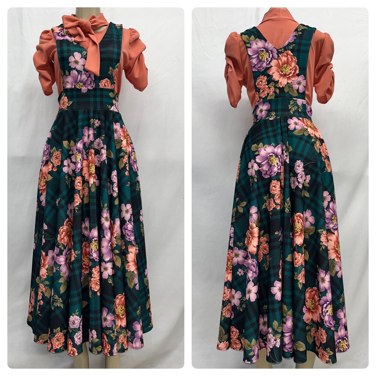 Black/green checked overall with flowers