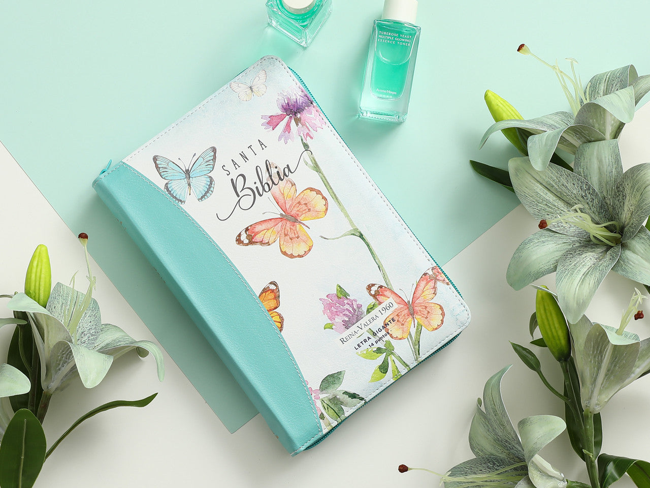 Bible with Giant Print Manual 14 points RV1960 imitation leather duotone turquoise floral and butterflies with index
