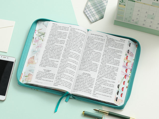 Bible with Giant Print Manual 14 points RV1960 imitation leather duotone turquoise floral and butterflies with index