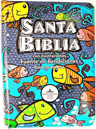 BIBLE RVR1960 FOUNTAIN OF BLESSINGS WITH ILLUSTRATIONS, IMITATION LEATHER FISH DESIGN, COMPACT SIZE WITH CLOSURE AND INDEX