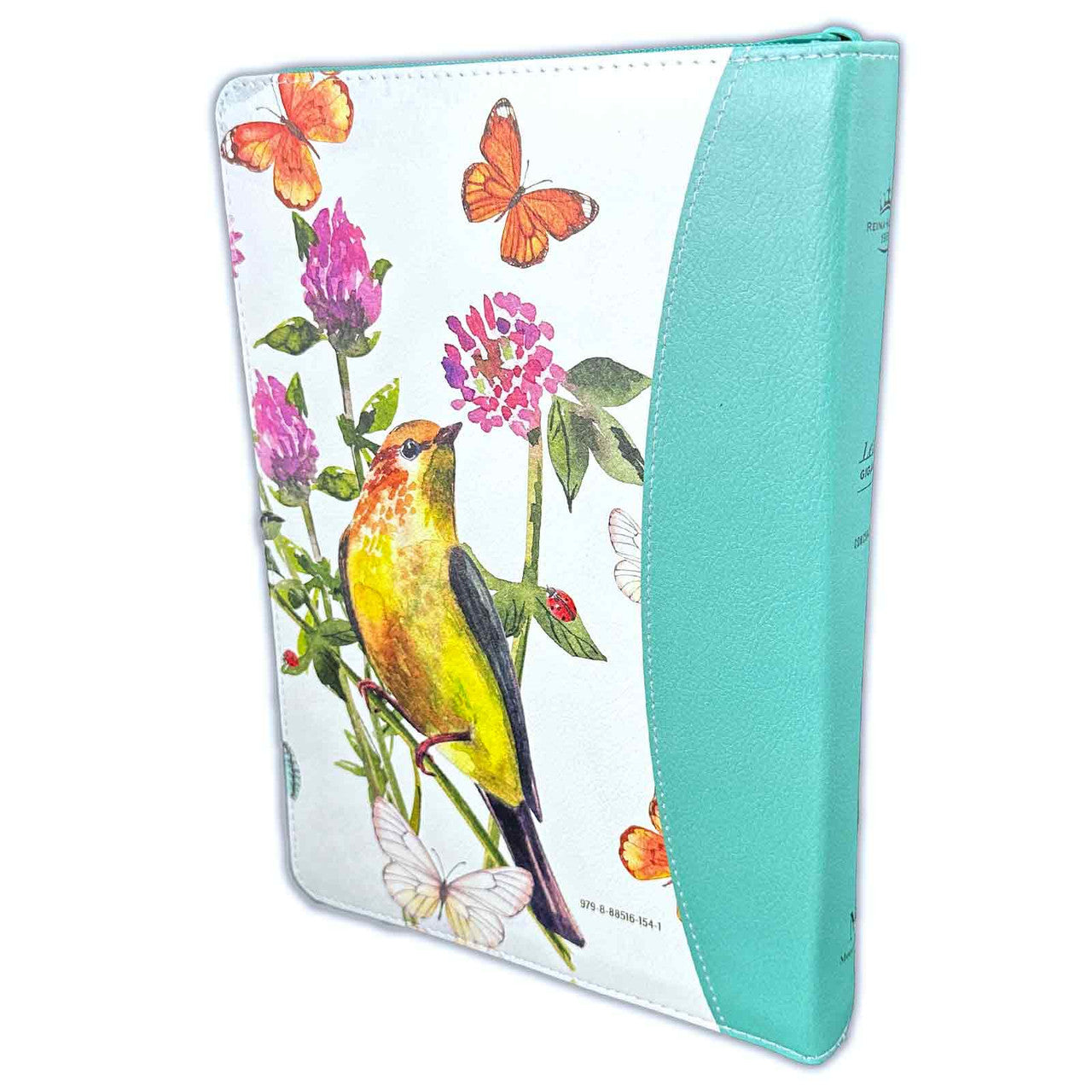 Biblia con Cierre Letra Gigante 15 puntos RV1960 imit duotono turquesa floral y mariposas con índice