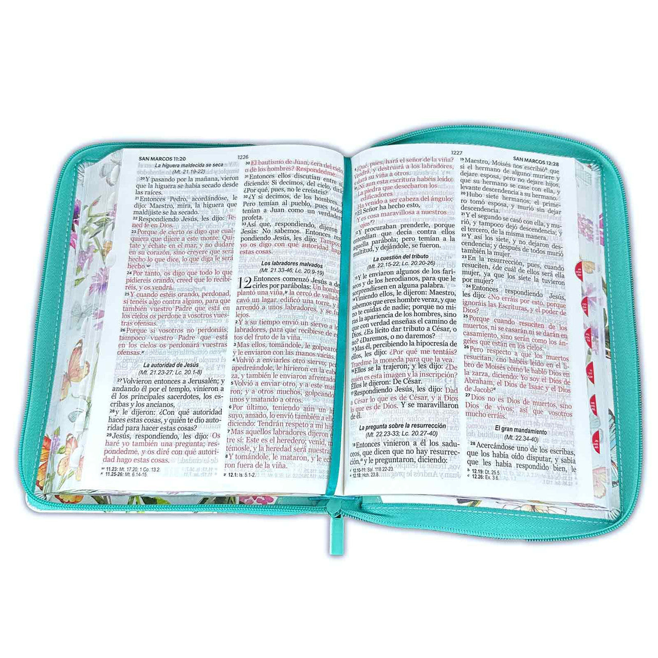 Biblia con Cierre Letra Gigante 15 puntos RV1960 imit duotono turquesa floral y mariposas con índice