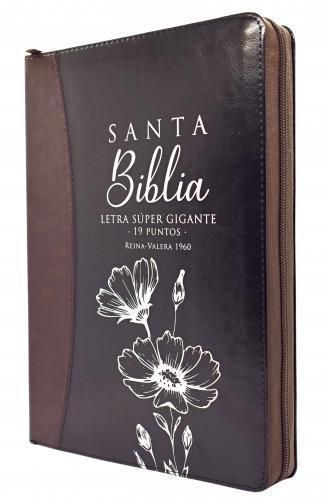 RVR1960 SUPER GIANT BIBLE, IMITATION LEATHER, BLACK BROWN COLOR, WITH CLOSURE AND INDEX, FLOWER DESIGN