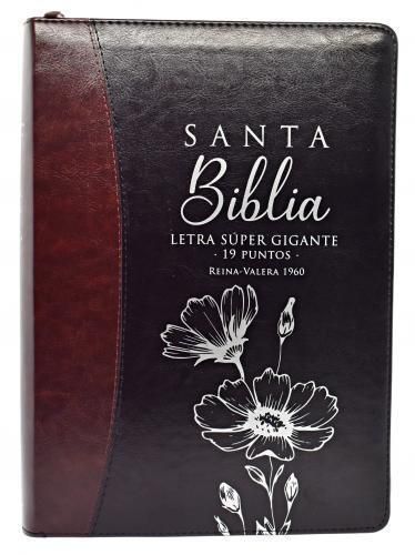 RVR1960 SUPER GIANT BIBLE, IMITATION LEATHER, BLACK BROWN COLOR, WITH CLOSURE AND INDEX, FLOWER DESIGN