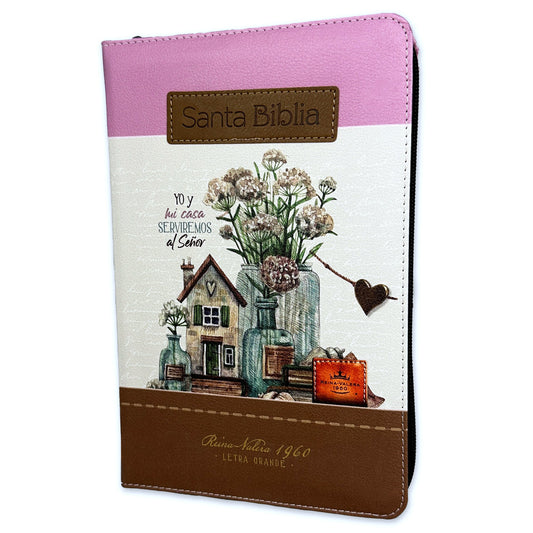 Bible with Large Print Closure 12 points RV1960 imitation. brown and pink floral with index - Me and my house