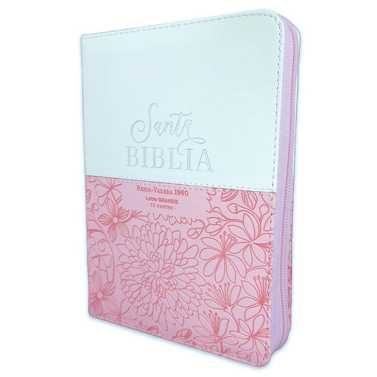 Compact 11-point Zipper Bible RV1960 imitation white leather and pink floral with index - Proverbs 31:30
