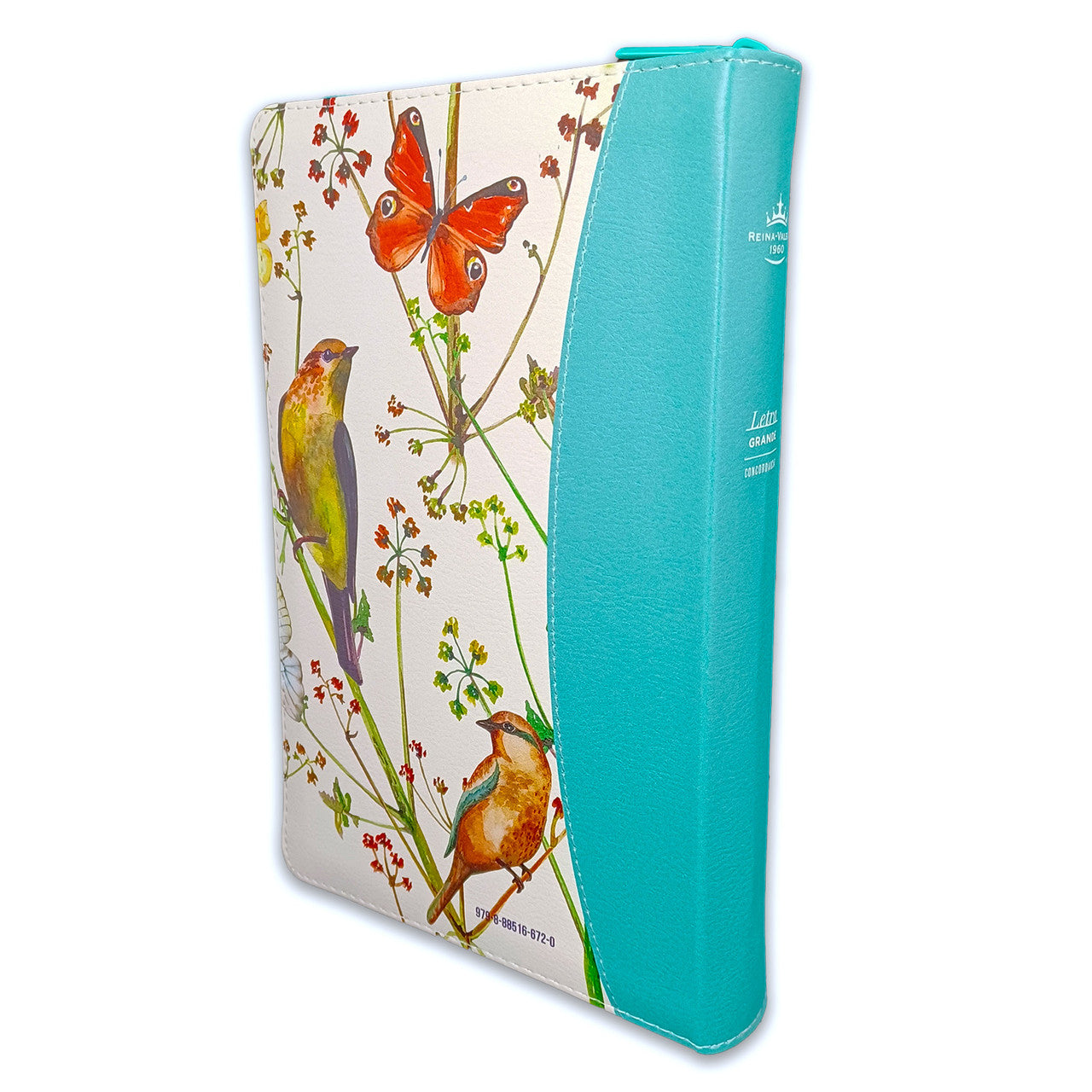 Large Print 12 point Zipper Bible RV1960 imitation turquoise floral with floral index and edge
