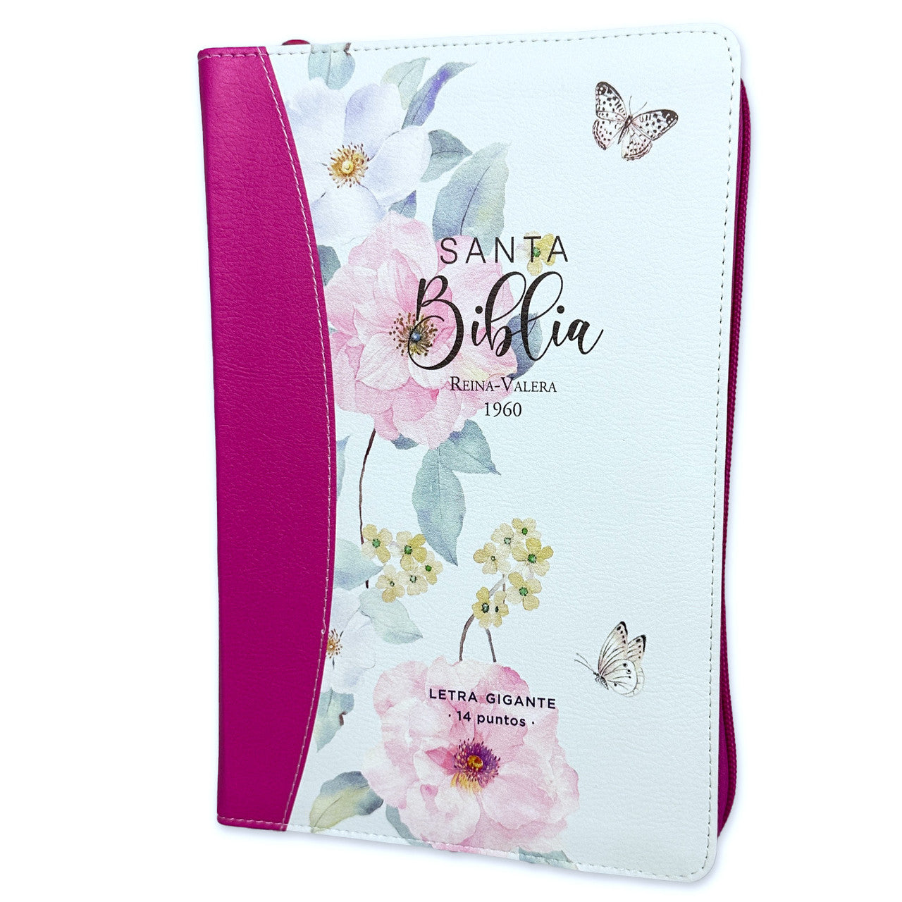 Bible with Closure Giant Letter Manual 14 points RV1960 imitation leather floral butterflies fuchsia and white floral with index