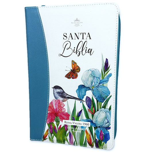 Bible with Manual Giant Letter Closure 14 points RV1960 imitation floral leather turquoise butterfly with index and floral edge