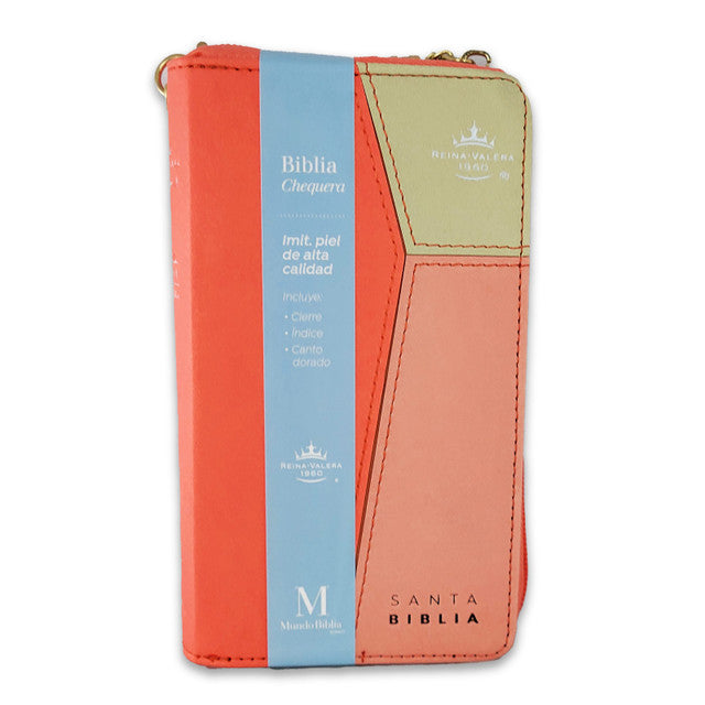 Biblia Chequera RV1960, imit. piel coral y beige con índice