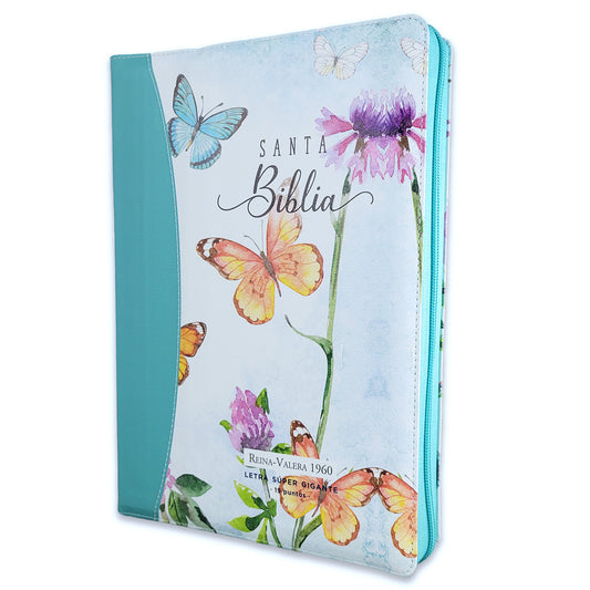 Bible with Zipper, Super Giant Print, 19-point, RV1960, imitation leather, duotone turquoise floral and butterfly, with index