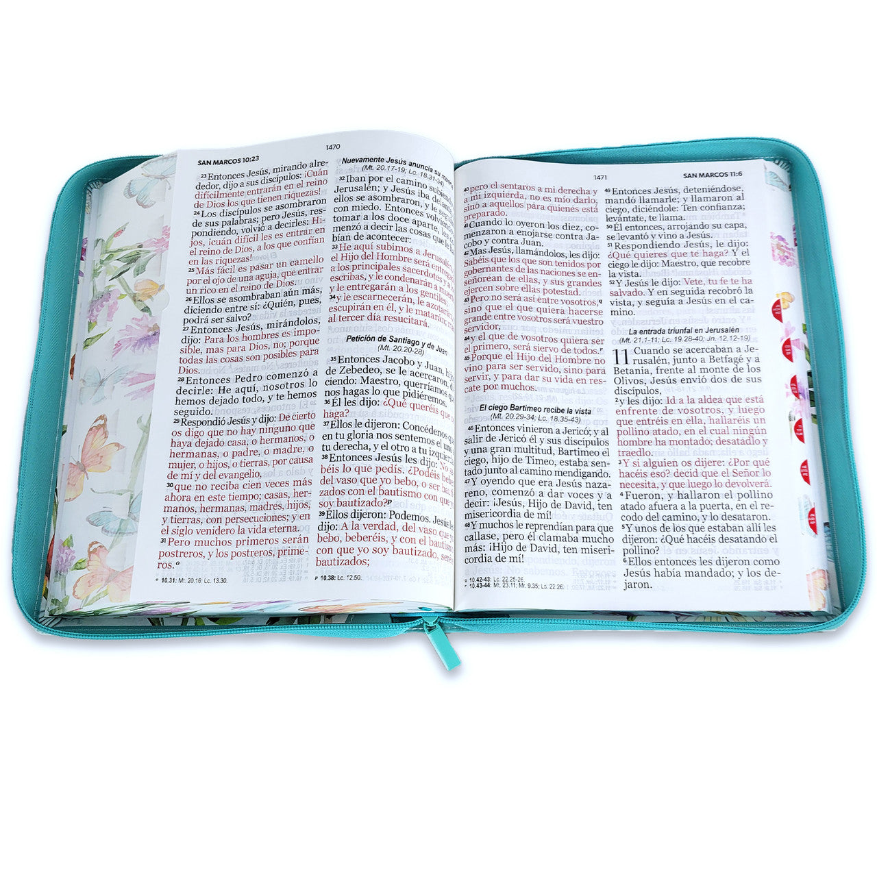 Bible with Zipper, Super Giant Print, 19-point, RV1960, imitation leather, duotone turquoise floral and butterfly, with index