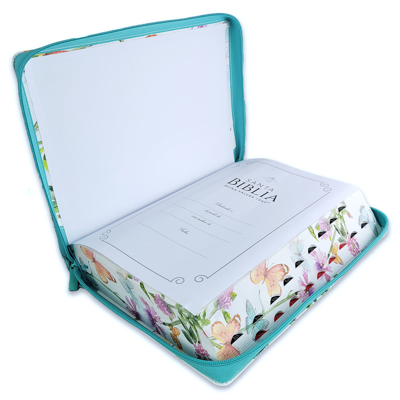 Bible with Zipper, Super Giant Print, 19-point, RV1960, imitation leather, duotone turquoise floral and butterfly, with index