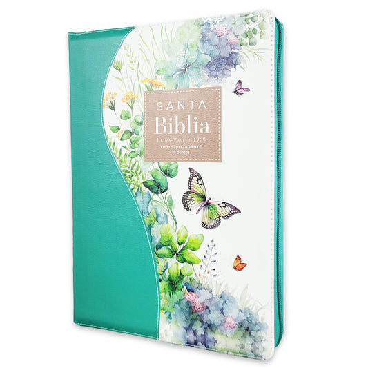 Bible with Zipper, Super Giant Print, 19-point, RV1960, imitation leather, green floral butterfly, with index and floral edge