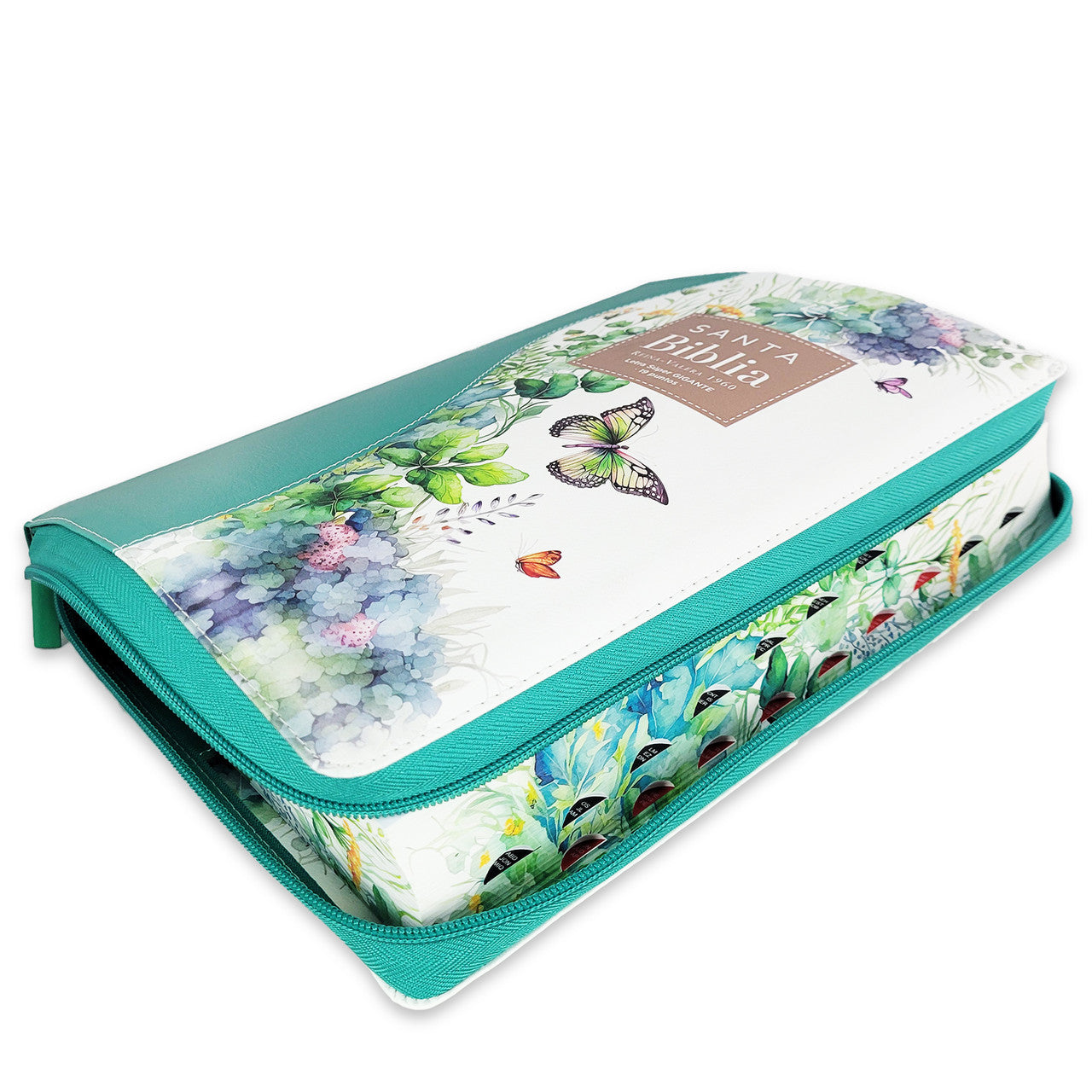 Bible with Zipper, Super Giant Print, 19-point, RV1960, imitation leather, green floral butterfly, with index and floral edge
