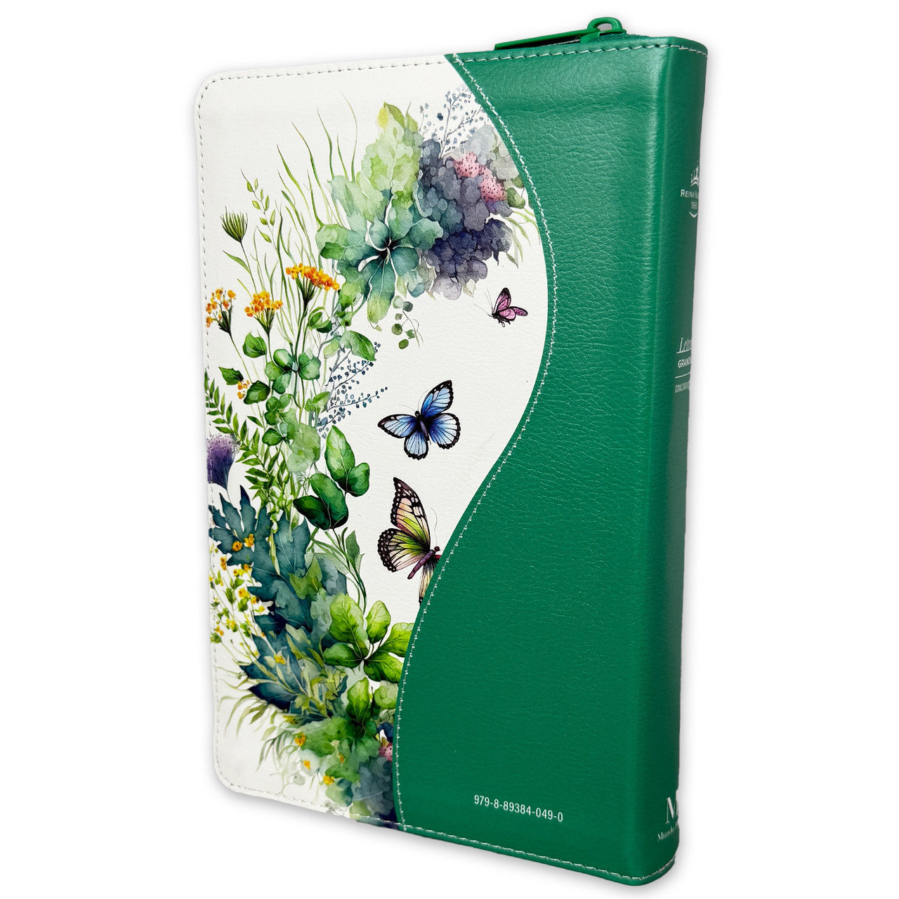Large Print 12 point Zipper Bible RV1960 imitation leather floral butterfly green with index and floral edge