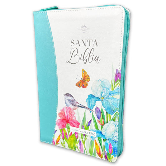 Large Print 12 point Zipper Bible RV1960 imitation leather floral turquoise with index and floral edge