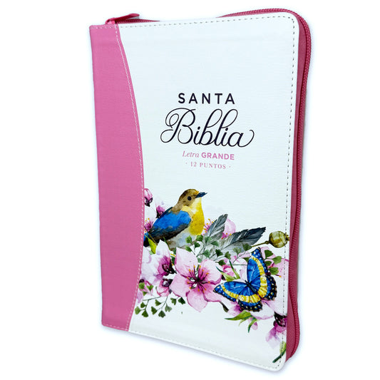 Large Print 12 point Zipper Bible RV1960 imitation pink leather bird floral with pink spring painted edge