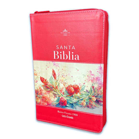 Large Print 12-point Zipper Bible for Women RV1960 imitation coral floral leather with floral index and edge