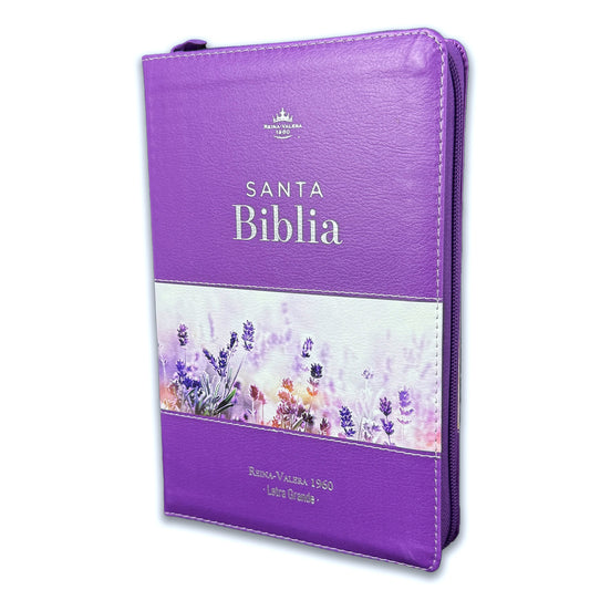 Large Print 12pt Zipper Bible for Women RV1960 Lilac Floral Faux Leather with Lilac Floral Index and Edge
