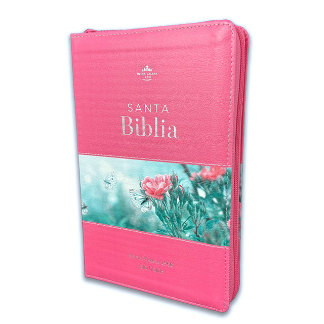 Large Print 12pt Zipper Bible for Women RV1960 Faux Leather Pink Floral with Index and Floral Edge