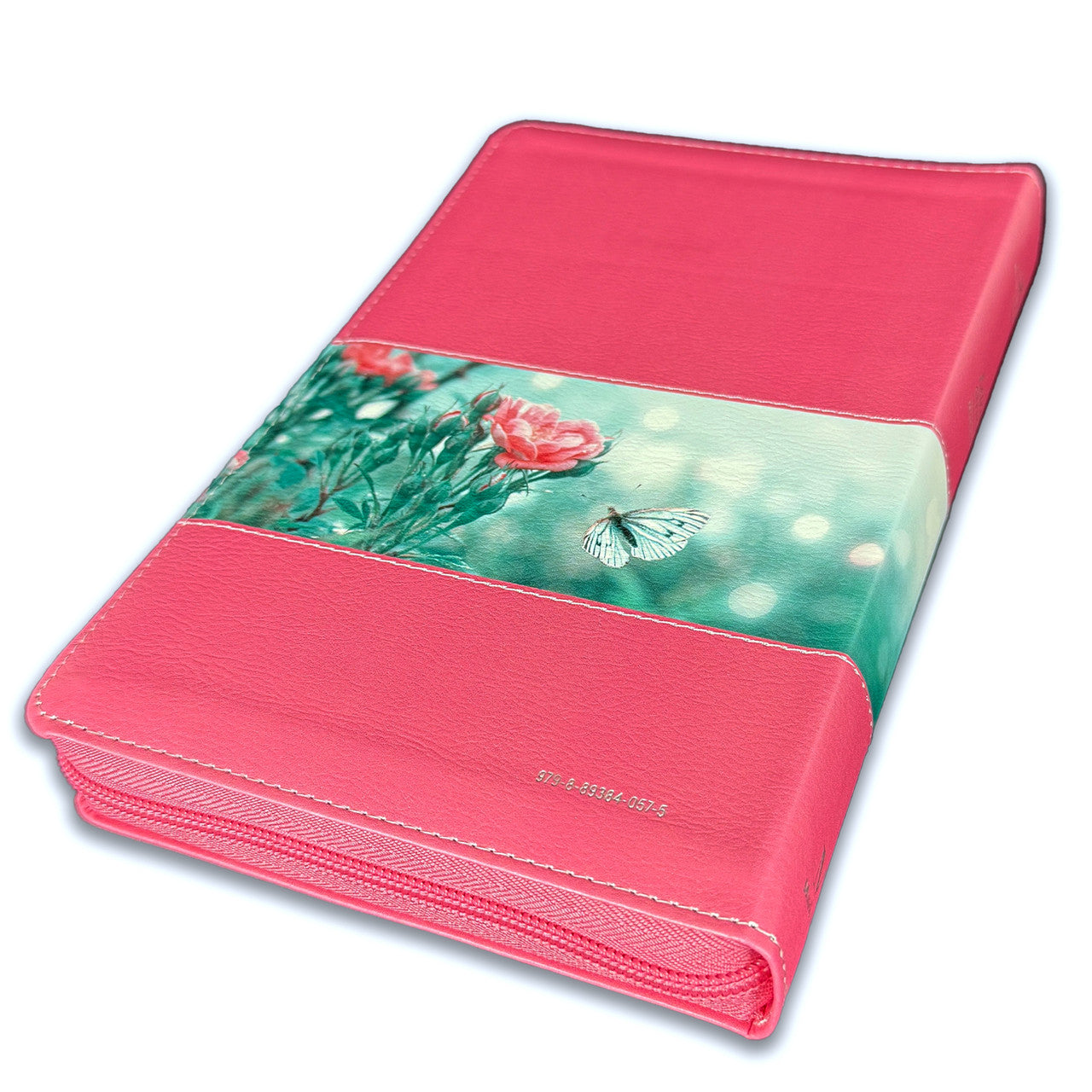 Large Print 12pt Zipper Bible for Women RV1960 Faux Leather Pink Floral with Index and Floral Edge