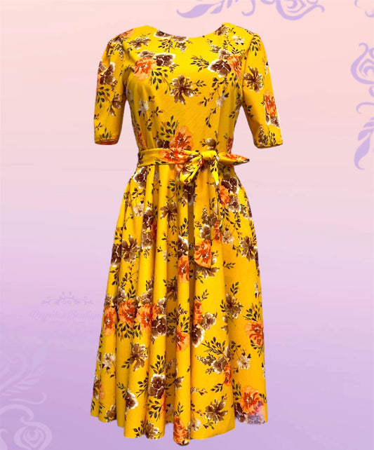 vestido corto amarillo/naranja floreado