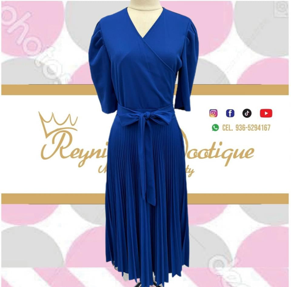 Vestido traslapado plisado disco completo azul rey