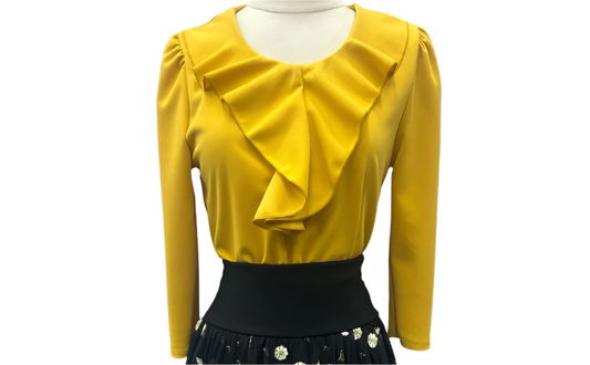 mustard ruffle blouse