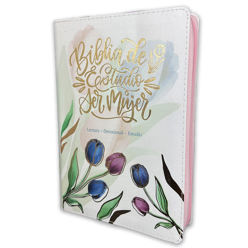 Ser Mujer Study Bible with Large Print Closure RV1960, imitation leather pink floral and tulips with index