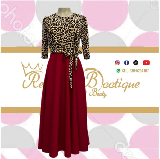 vestido de animal print arriba y falda rojo