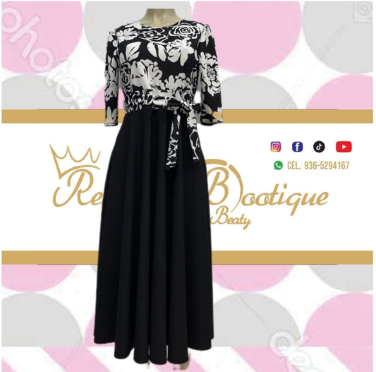 vestido con estampado floral arriba y falda oscura