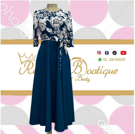 vestido con estampado floral arriba y falda azul