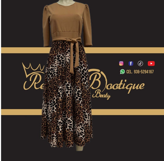 vestido beige con falda de animal print