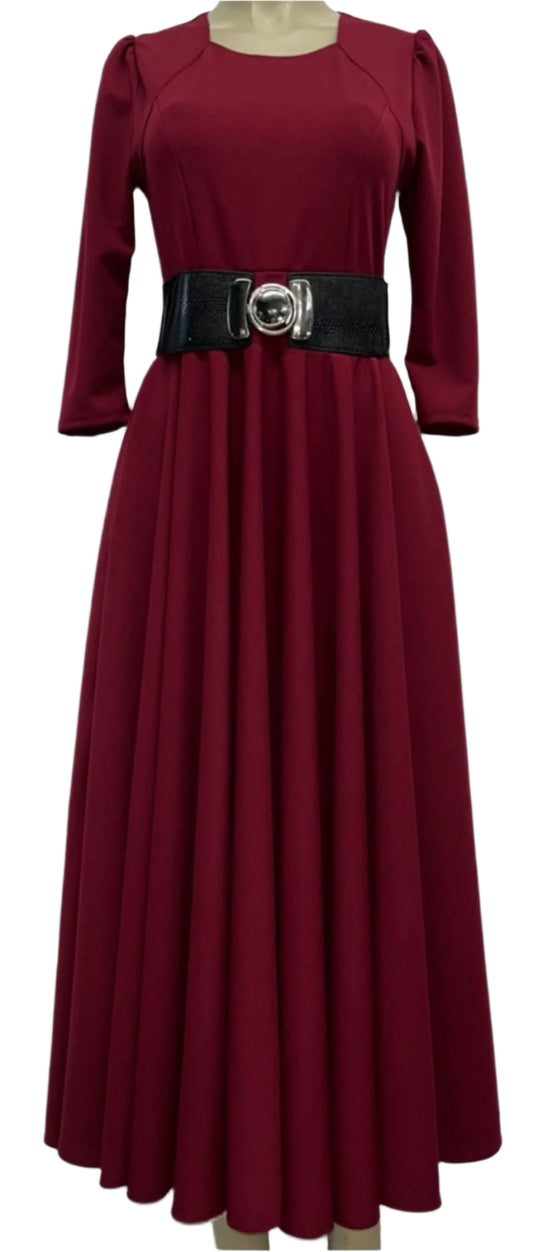 Camila burgundy dress with black belt