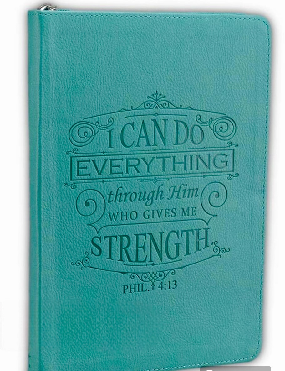 Zippered Luxleather Journal, I can do everything through Him, who gives me strength, turquoise