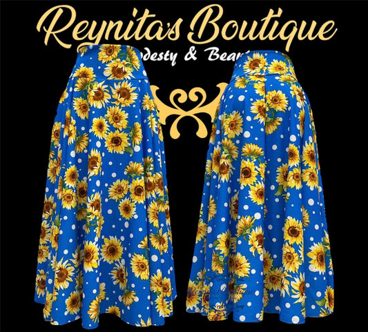 light blue full disco skirt with sunflowers