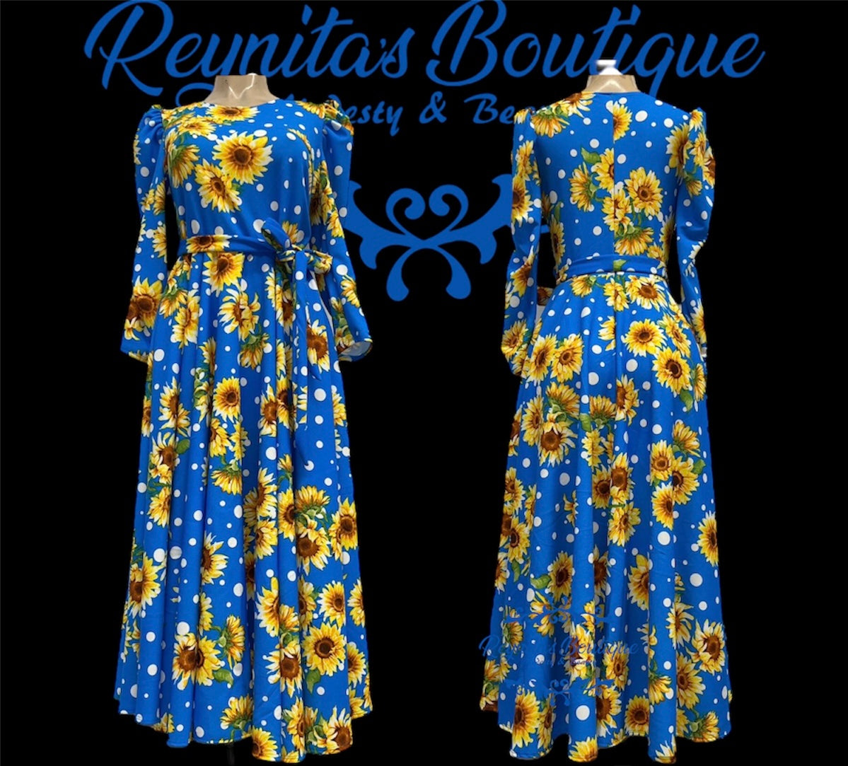 vestido azul con girasoles
