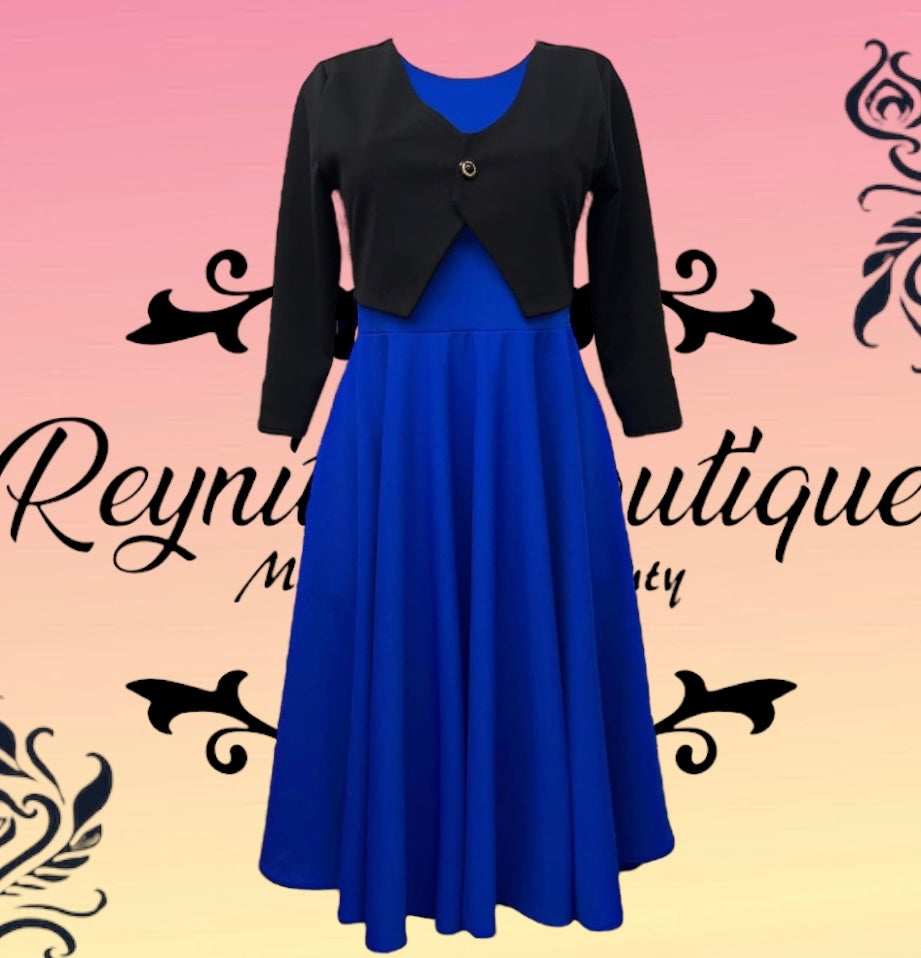 vestido azul con chaleco negro