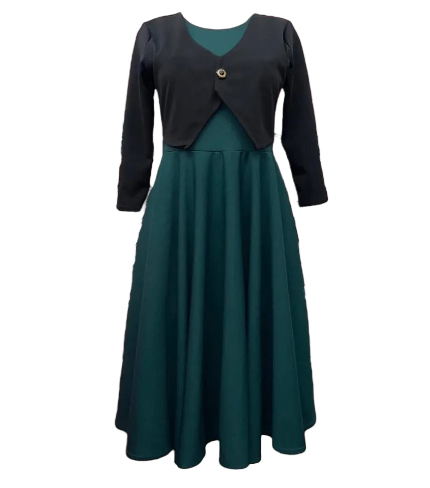 green dress with black vest