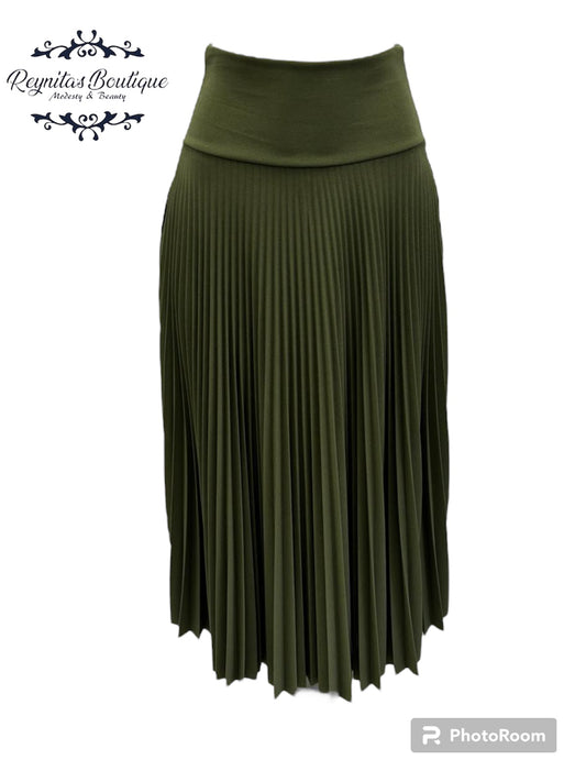 Long military green pleated full disco skirt B