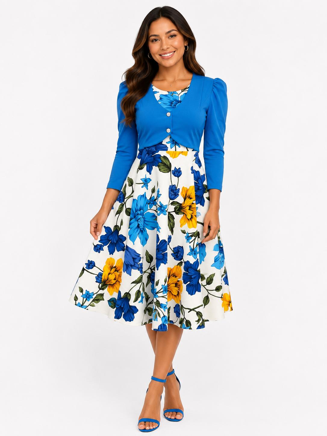 Vibrant Floral Midi Dress with Cropped Bolero Jacket