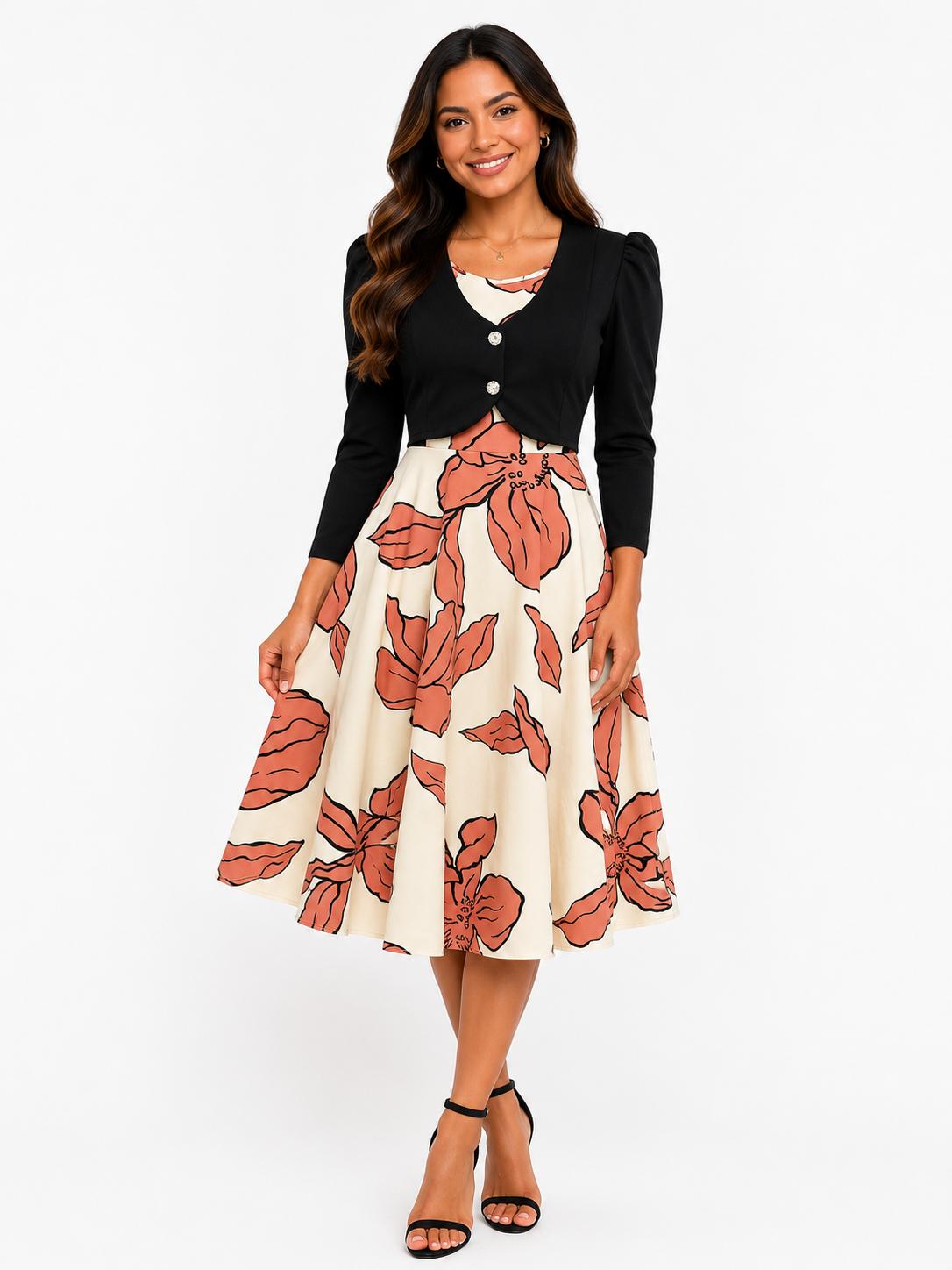 Vibrant Floral Midi Dress with Cropped Bolero Jacket