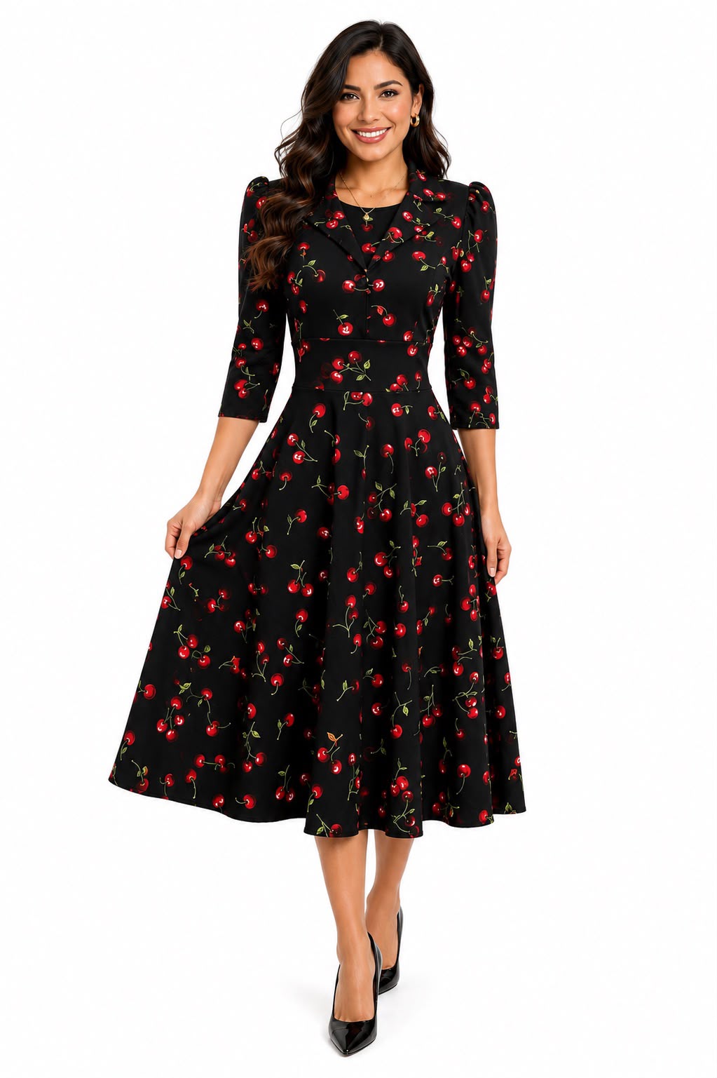 Vintage-Inspired Cherry Print Sleeve Midi Swing Dress