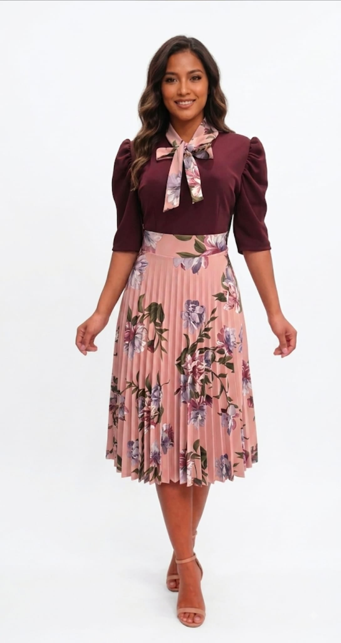 Vintage Floral Neck-Tie Pleated Midi Dress