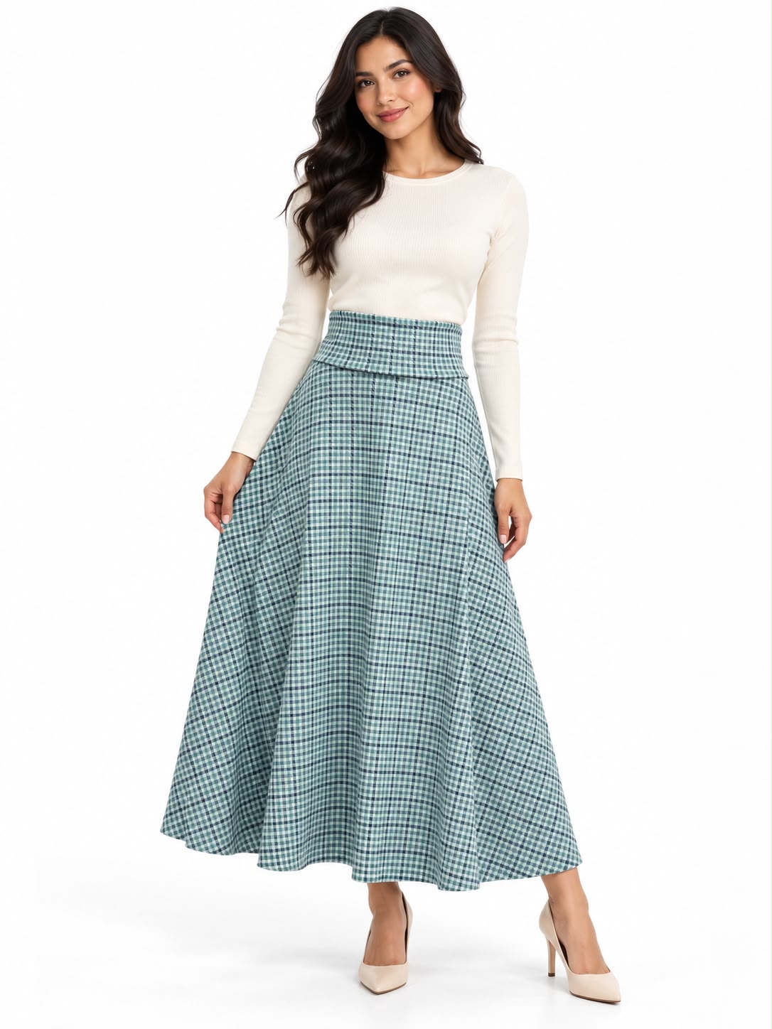 Classic High-Waisted Checkered Maxi Skirt