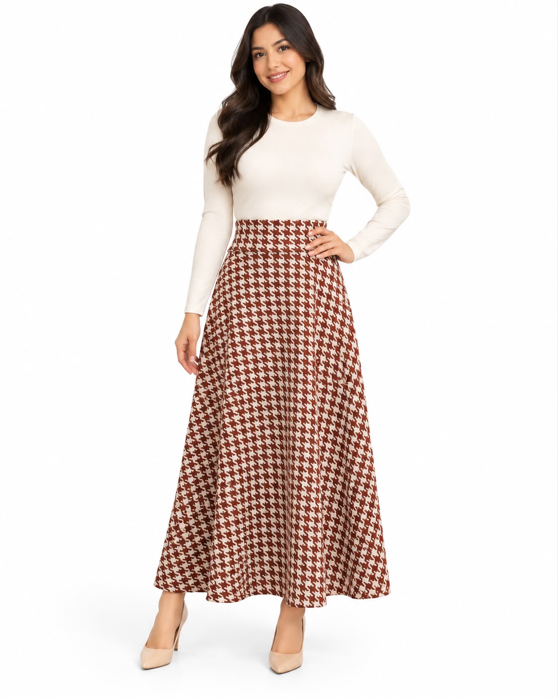 Classic High-Waisted Houndstooth Maxi Skirt