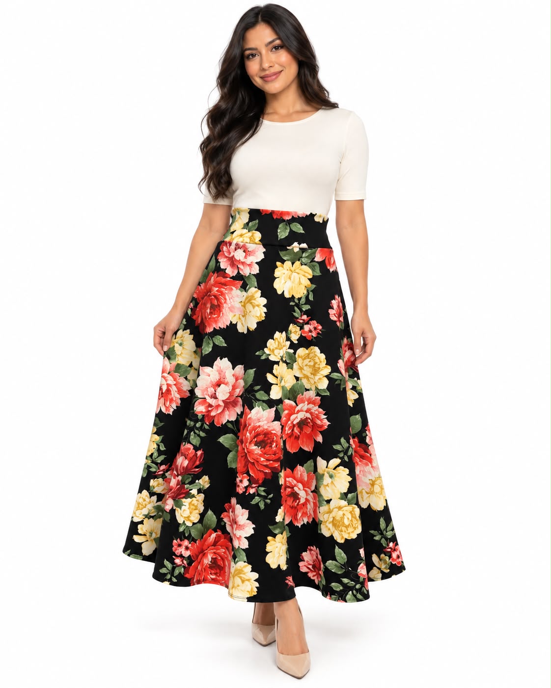 Classic Floral High-Waisted Maxi Skirt