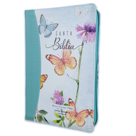 Bible with Giant Print Manual 14 points RV1960 imitation leather duotone turquoise floral and butterflies with index