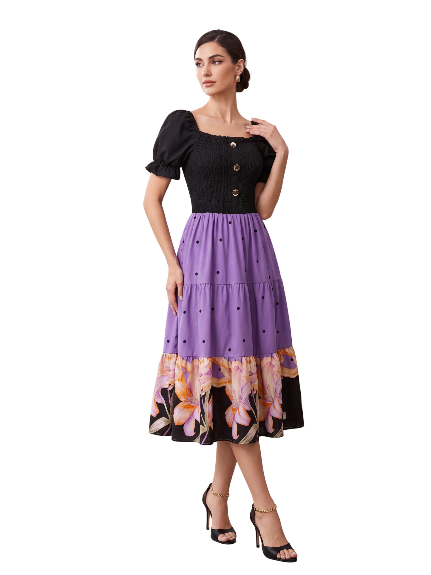 Two-Tone Polka Dot & Floral Tea Dress